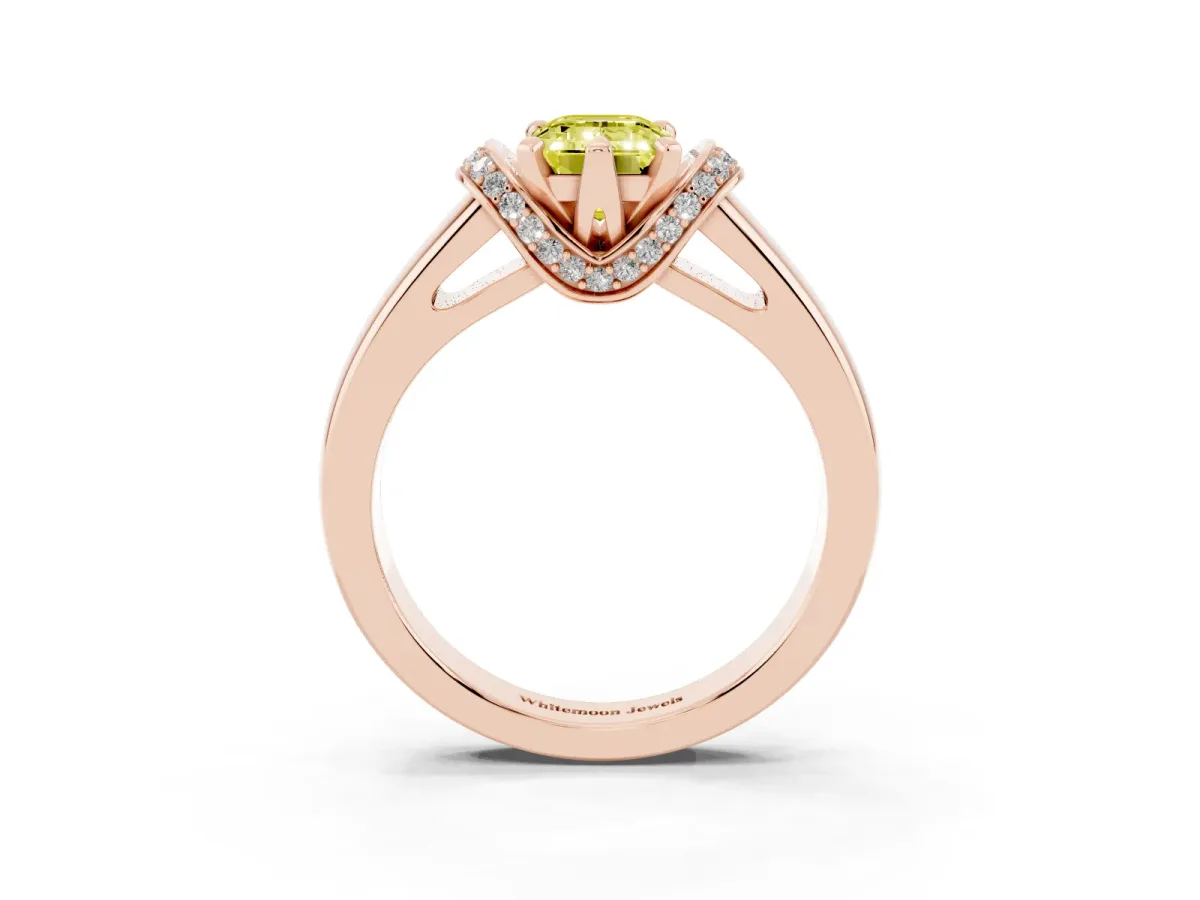 Fancy Yellow Emerald Cut Solitaire Diamond Ring with Pave Band and Six-Prong Setting Rose gold