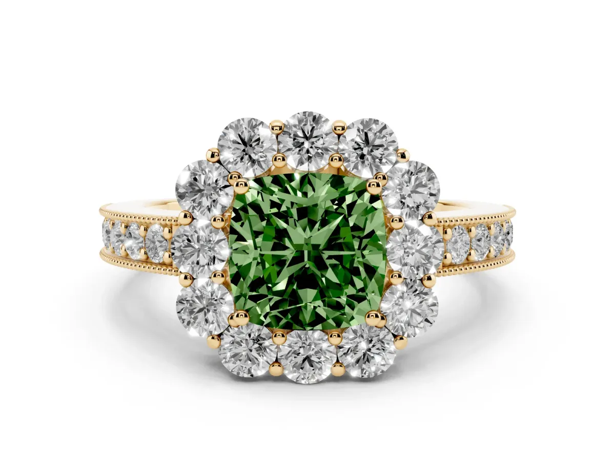 Fancy Green Cushion Cut Cut Halo Diamond Pavé Engagement Ring with Milgrain Detailing Yellow gold