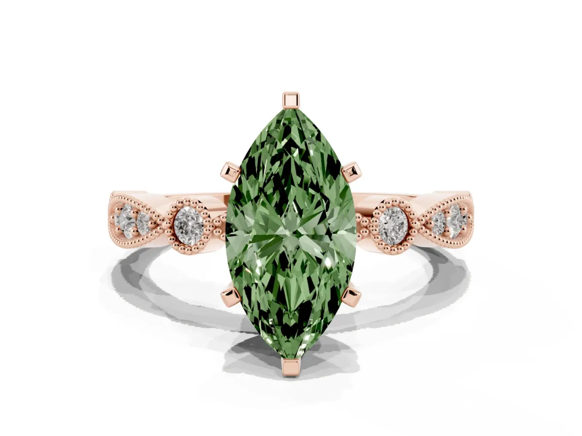 Fancy Green Marquise Cut Milgrain Bezel Diamond Engagement Ring with Solitaire Prong Setting Rose gold