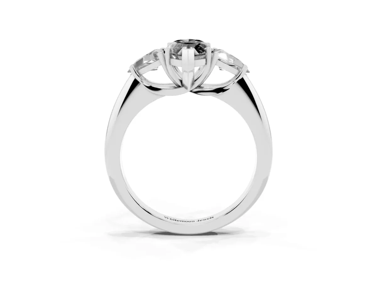 Fancy Black Three-Stone Marquise Cut Diamond Engagement Ring with Trillion Side Stones and Prong Setting Silver
