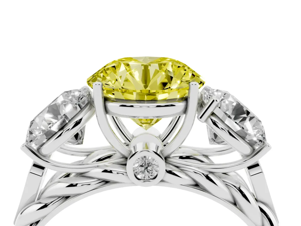 Fancy Yellow Three-Stone Round Cut Diamond Braided Band Ring with Four-Prong Setting Platinum