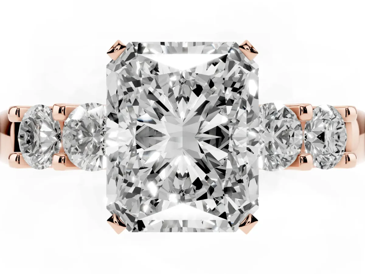 Radiant Cut Brilliant Cut Diamond Five-Stone Prong Set Engagement Ring with Channel Band Rose gold