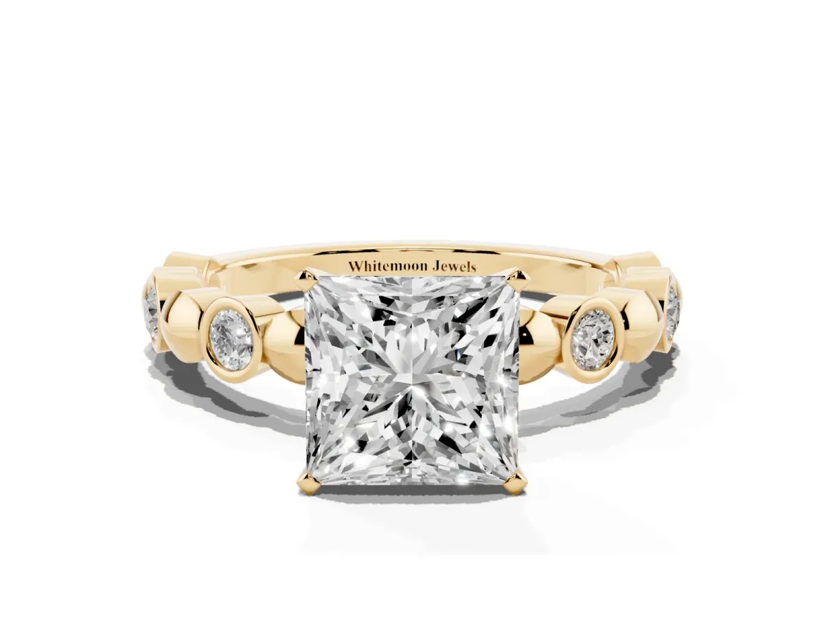 Princess Cut Solitaire Bezel-Set Diamond Ring with Beaded Band and Four-Prong Setting Yellow gold