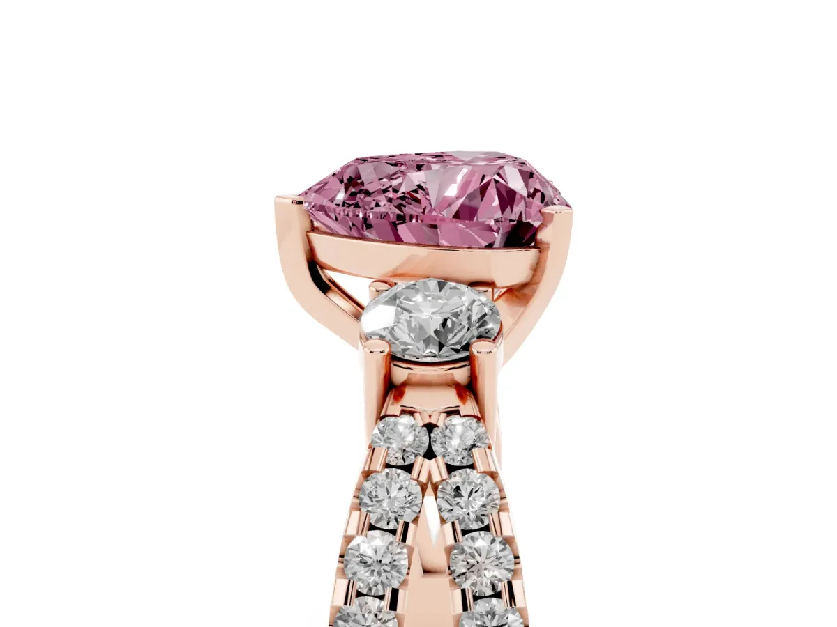 Fancy Pink Heart Cut Diamond Three-Stone Ring with Pavé Split Shank and Four-Prong Setting Rose gold