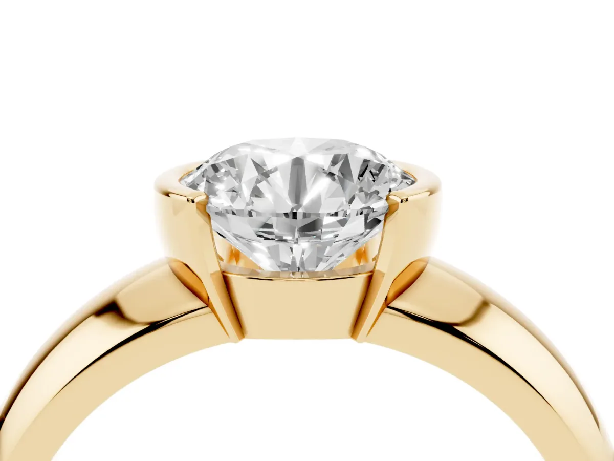 Round Cut Solitaire Tension Set Diamond Ring with Wide Band Yellow gold