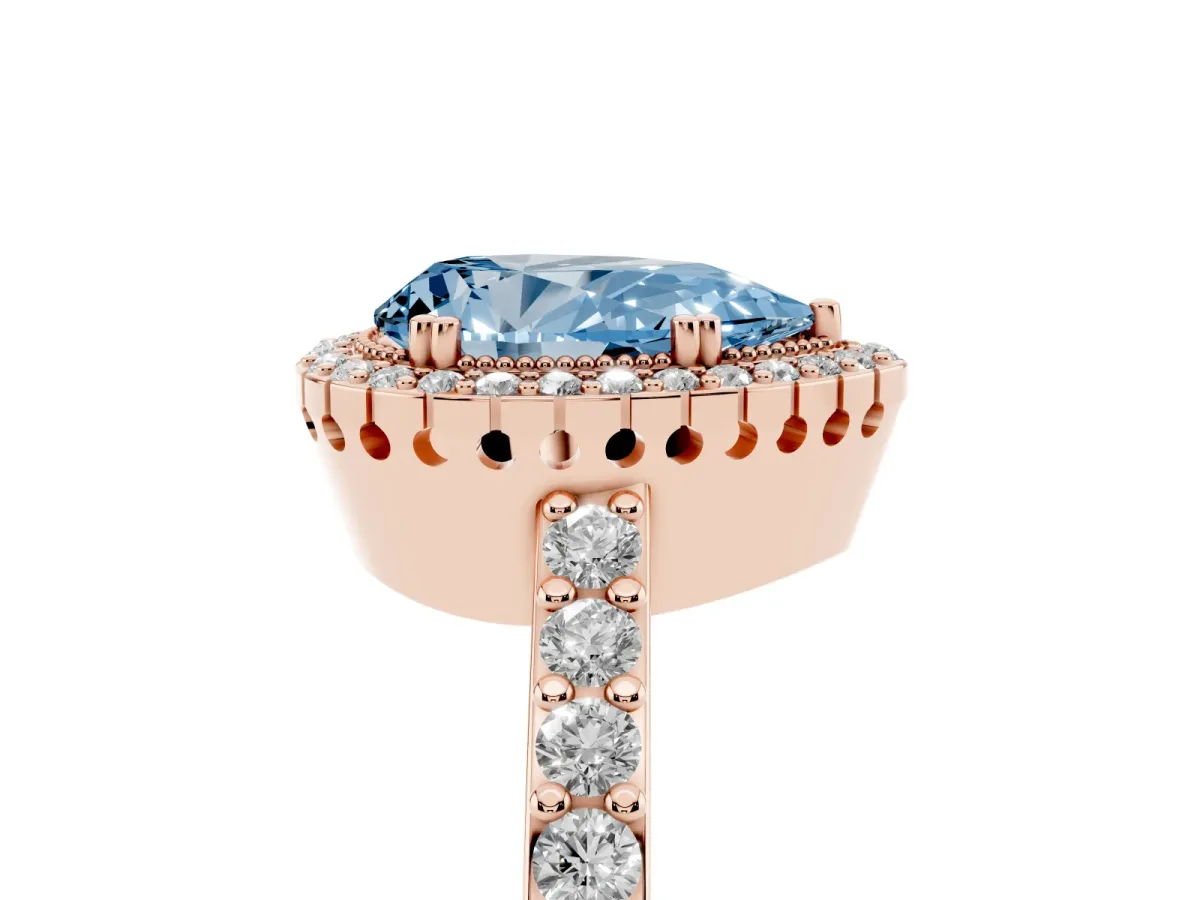 Fancy Blue Pear Cut Cut Diamond Halo Engagement Ring with Milgrain Detail and Pavé Band Rose gold