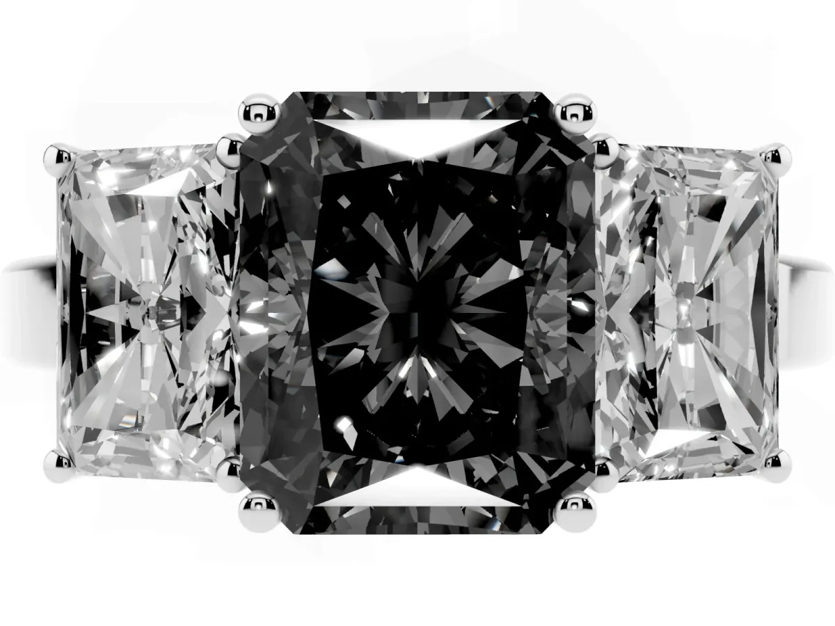 Fancy Black Three-Stone Radiant Cut Cut Diamond Engagement Ring with Flat Band and Four-Prong Setting Silver