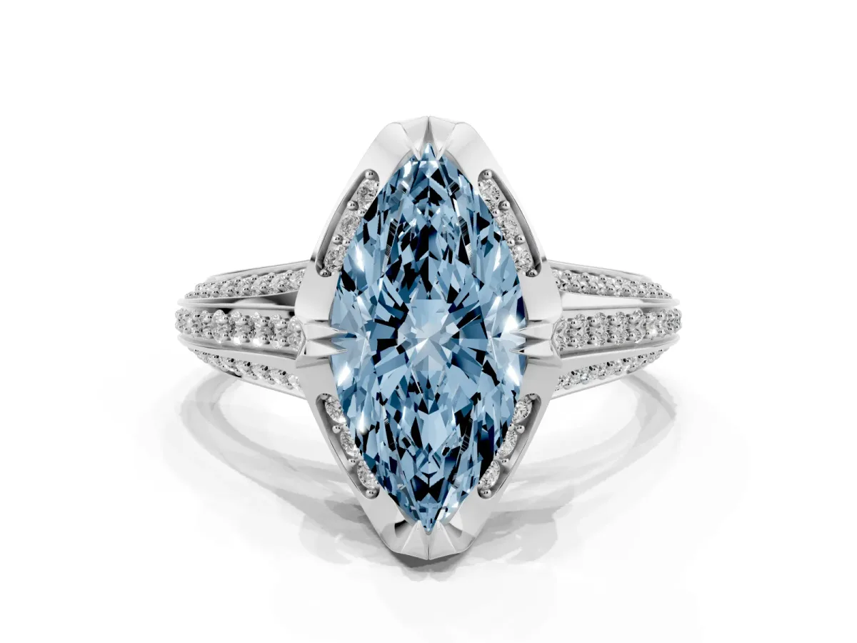 Fancy Blue Marquise Cut Solitaire Pave Split Shank Ring with Four-Prong Setting White gold
