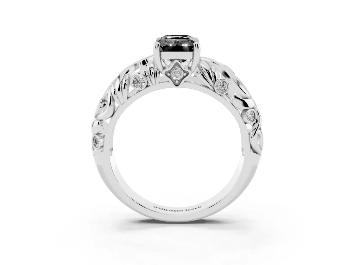 Fancy Black Emerald Cut Solitaire Diamond Leaf-Inspired Vine Band Ring with Prong Setting White gold