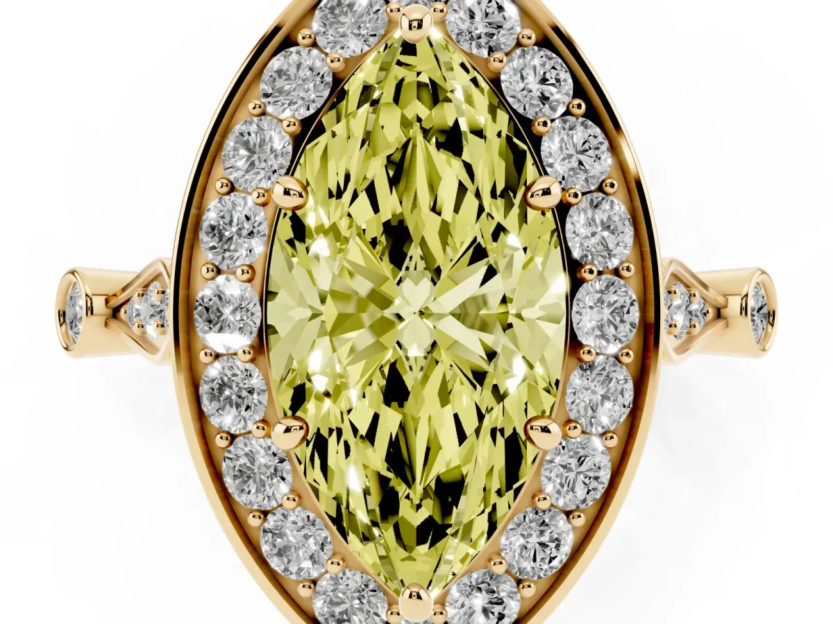 Fancy Yellow Marquise Cut Halo Diamond Engagement Ring with Twisted Band and Four-Prong Setting Yellow gold