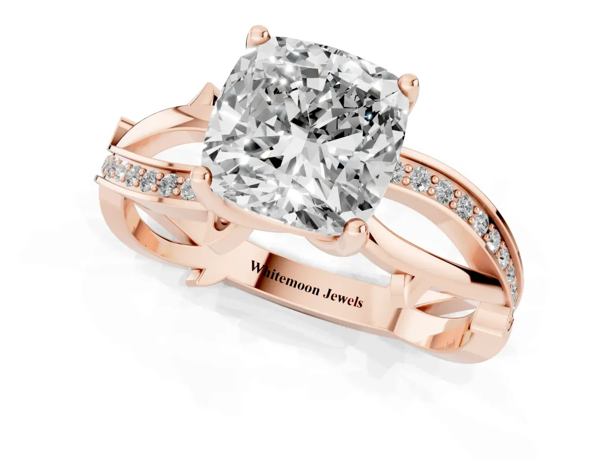 Cushion Cut Solitaire Twist Band with Pavé Accents and Four-Prong Setting Rose gold