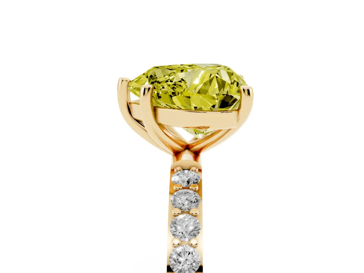 Fancy Yellow Heart Cut Diamond Solitaire Ring with Round Pavé Shoulders and Prong Setting Yellow gold