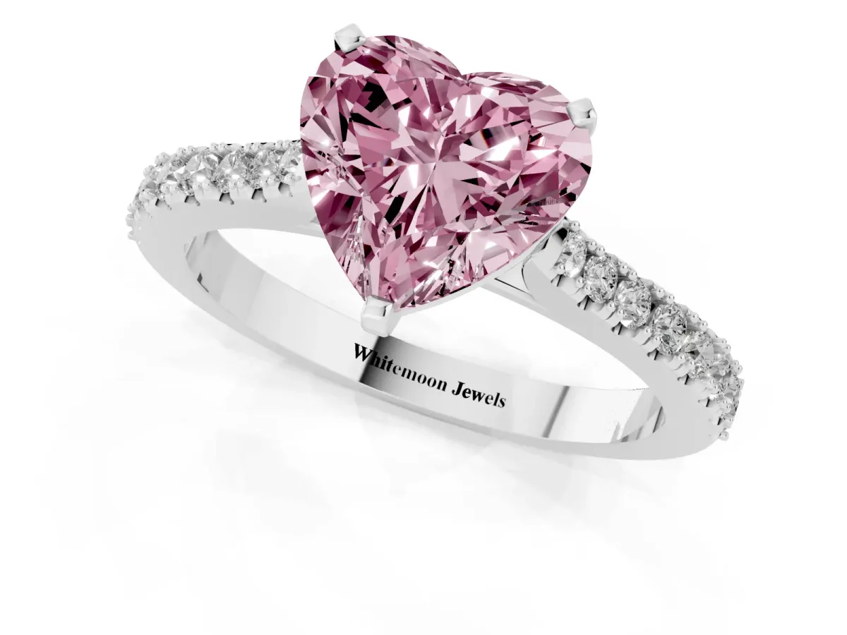 Fancy Pink Heart Cut Cut Solitaire Diamond Engagement Ring with Pave Band and Four-Prong Setting Platinum