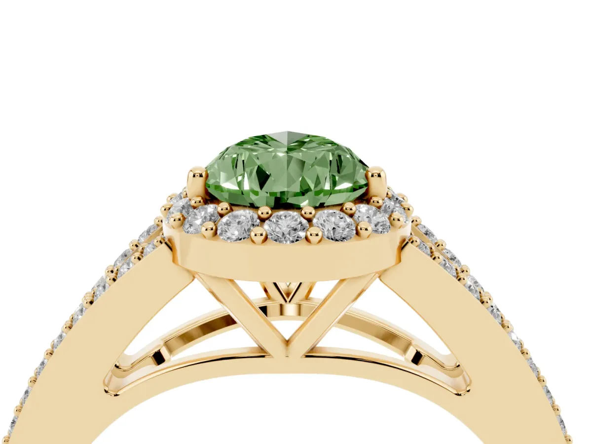 Fancy Green Pear Cut Halo Split Shank Diamond Ring with Prong Setting Yellow gold