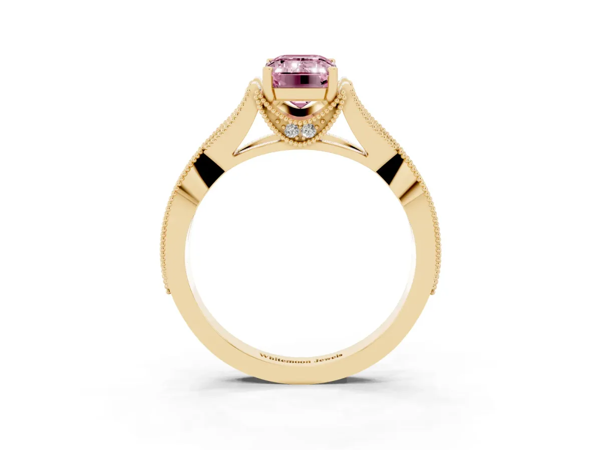 Fancy Pink Emerald Cut Cut Diamond Twisted Band with Milgrain Pave Setting and Four-Prong Setting Yellow gold