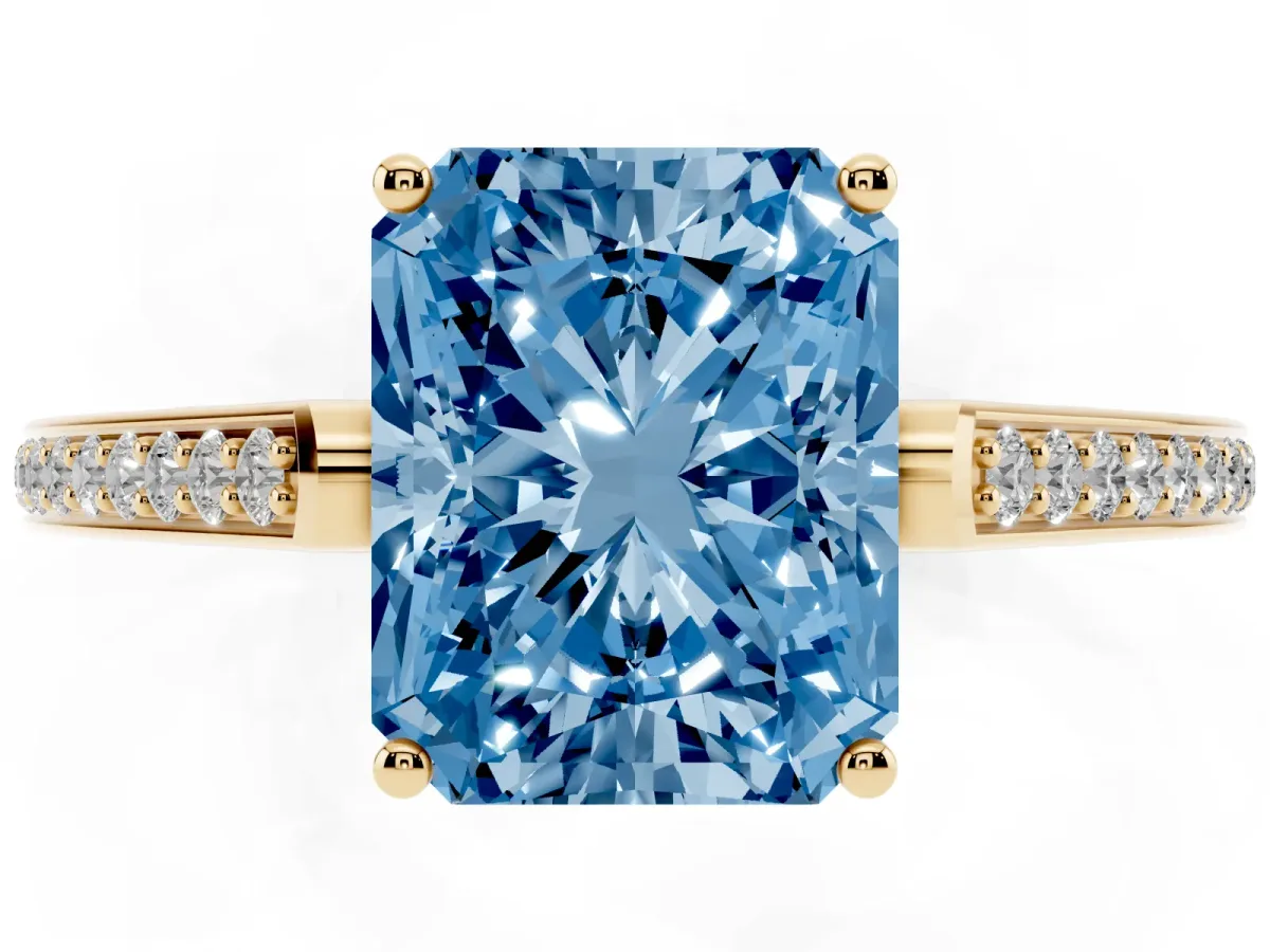 Fancy Blue Radiant Cut Cut Cathedral Pave Diamond Engagement Ring with Six-Prong Setting Yellow gold