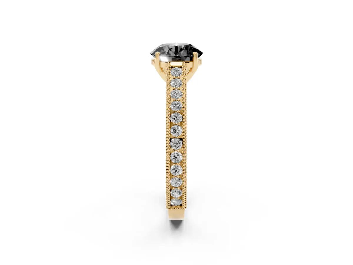Fancy Black Round Cut Cut Pave Band Milgrain Solitaire Ring Yellow gold
