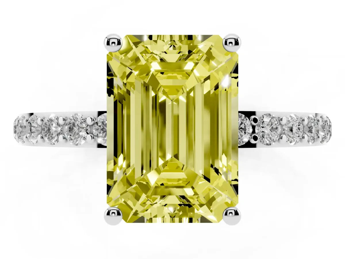 Fancy Yellow Emerald Cut Diamond Solitaire Ring with Round Pavé Shoulders and Prong Setting Platinum