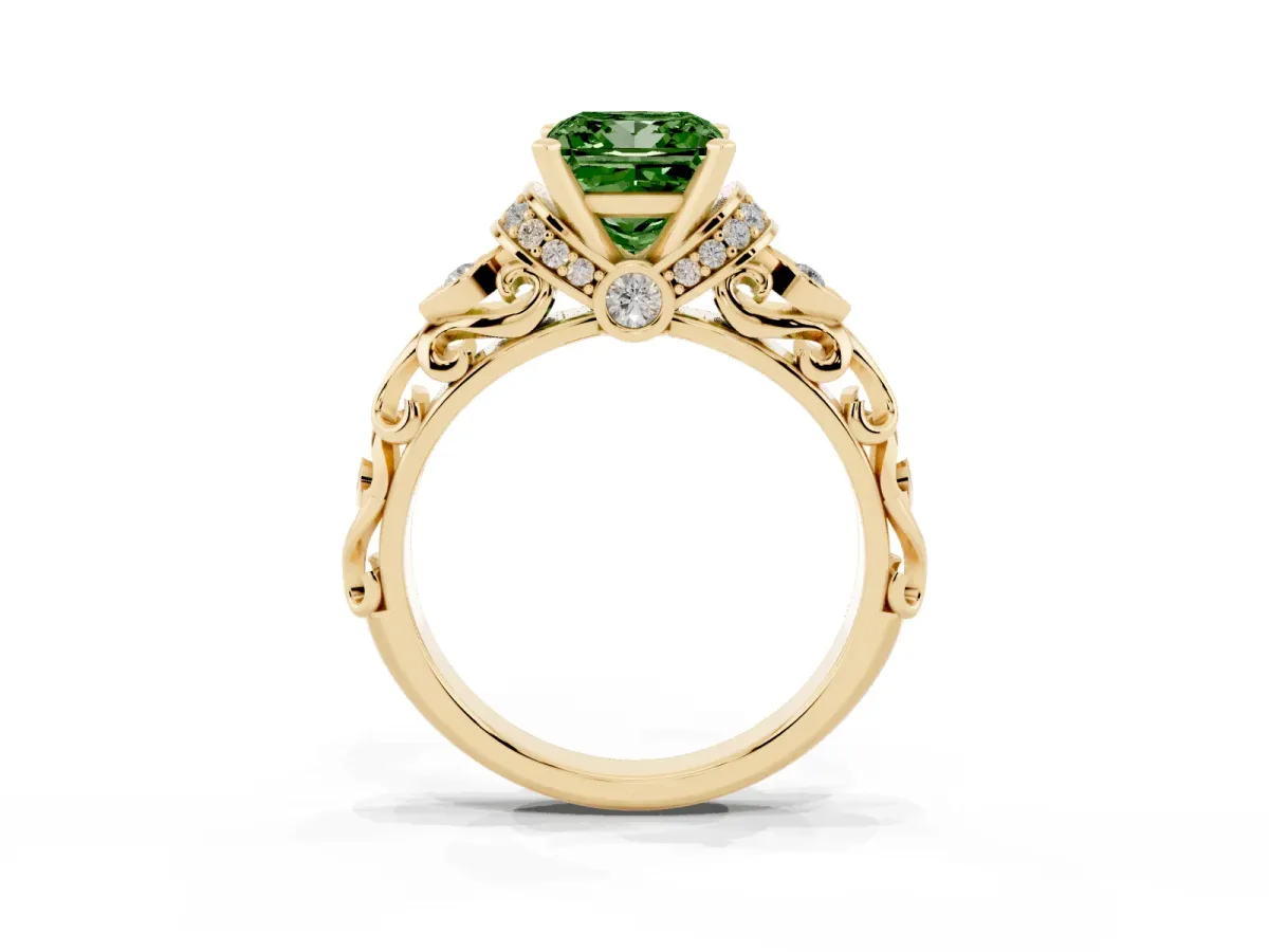 Fancy Green Princess Cut Diamond Solitaire Ring with Filigree Band and Four-Prong Setting Yellow gold