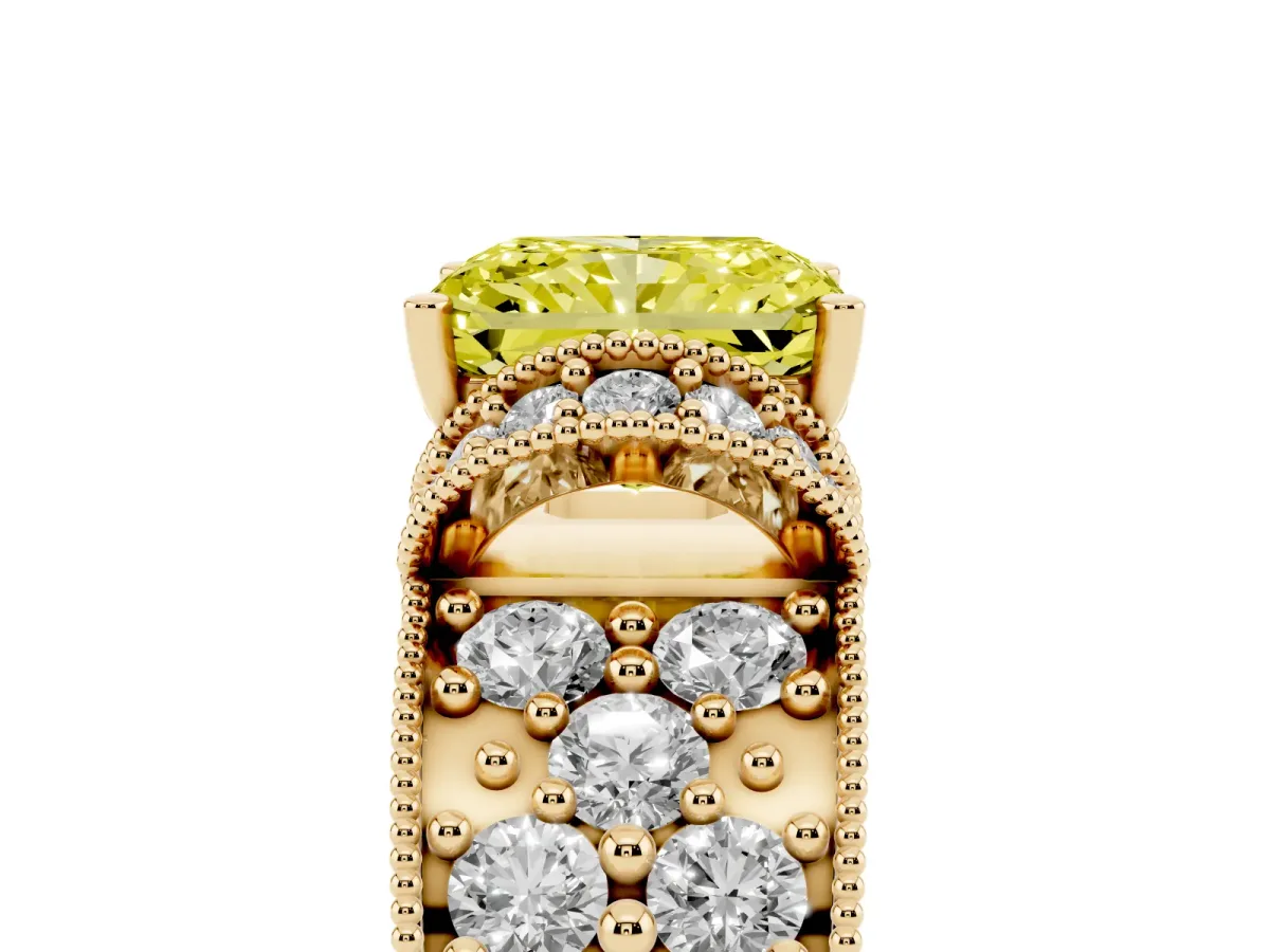 Fancy Yellow Radiant Cut Halo Pave Diamond Engagement Ring with Milgrain Detailing Yellow gold