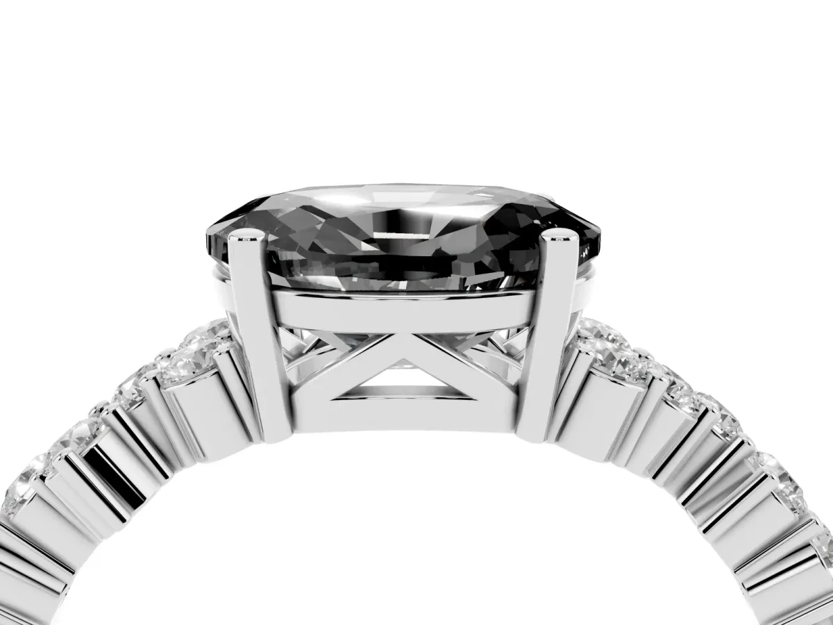 Fancy Black Oval Cut Diamond Scattered Round Accent Ring with Prong Setting Silver