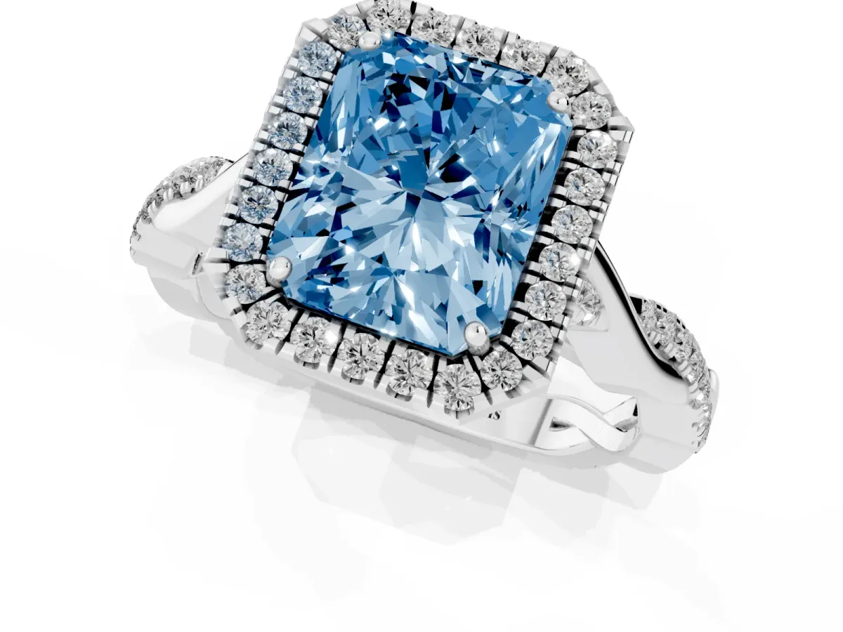 Fancy Blue Radiant Cut Halo Twist Band Solitaire Ring Silver