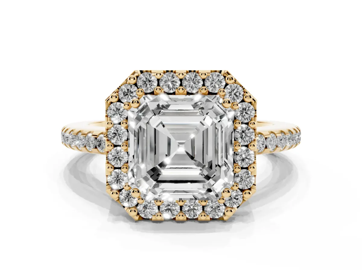Asscher Cut Diamond Pavé Halo Ring with Four-Prong Setting Yellow gold