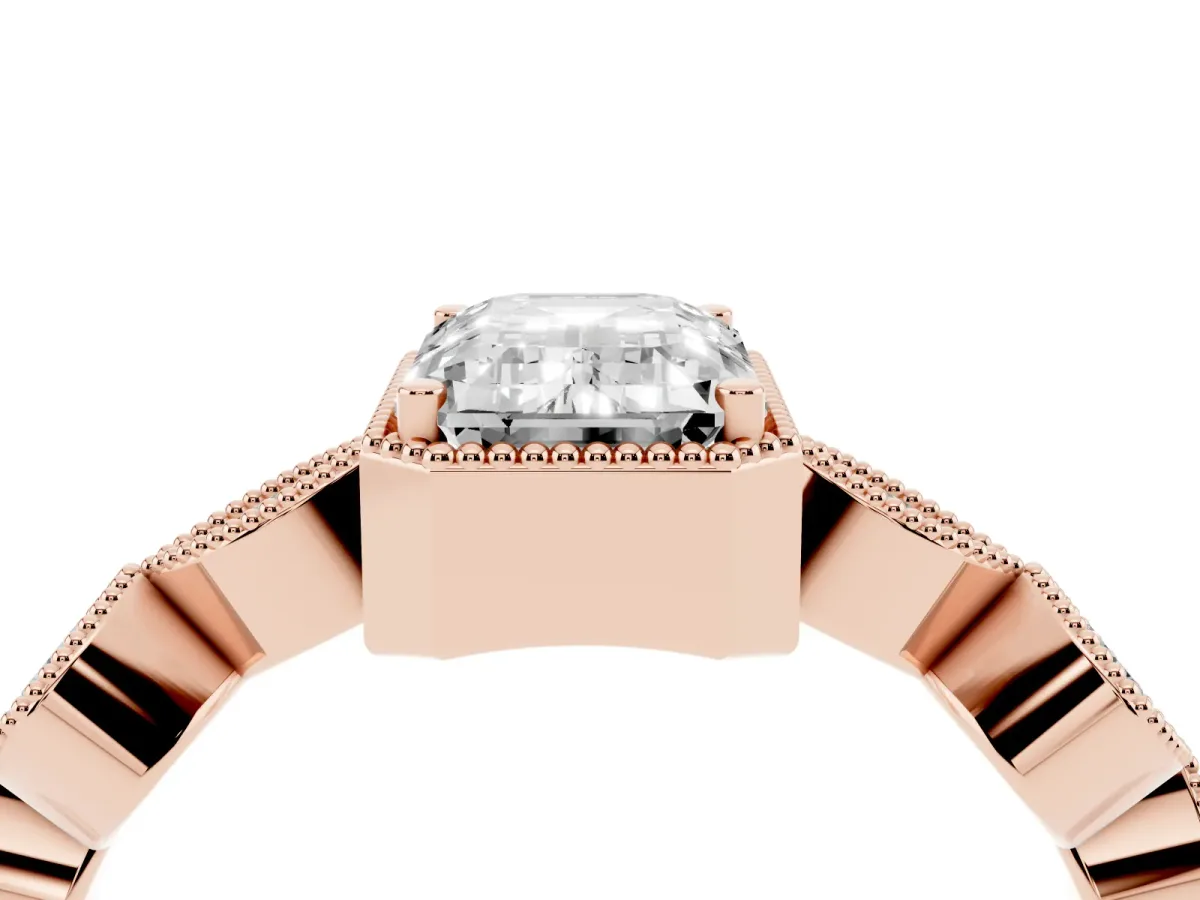 Emerald Cut Diamond Vintage Milgrain Ring with Round Stations Rose gold