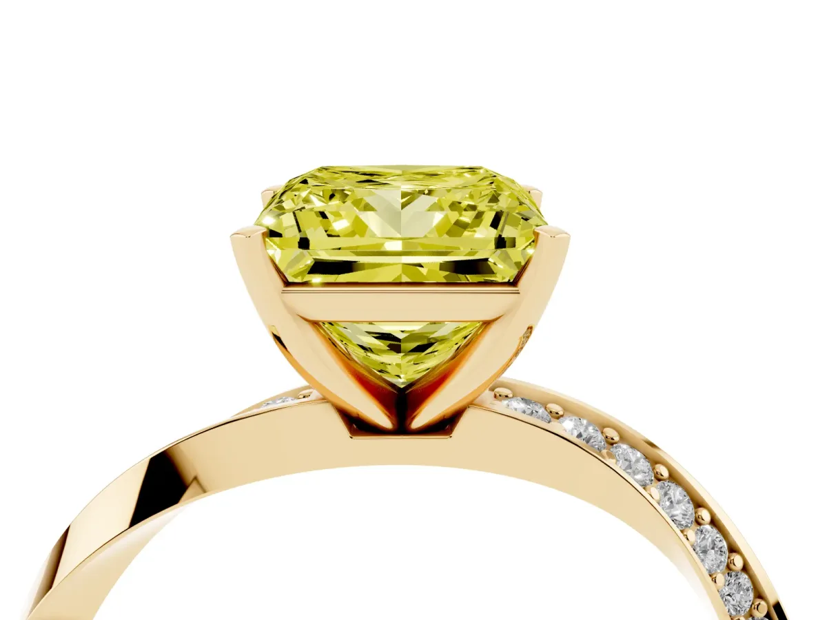 Fancy Yellow Princess Cut Diamond Engagement Ring with Side Stone Accents and Four-Prong Setting Yellow gold
