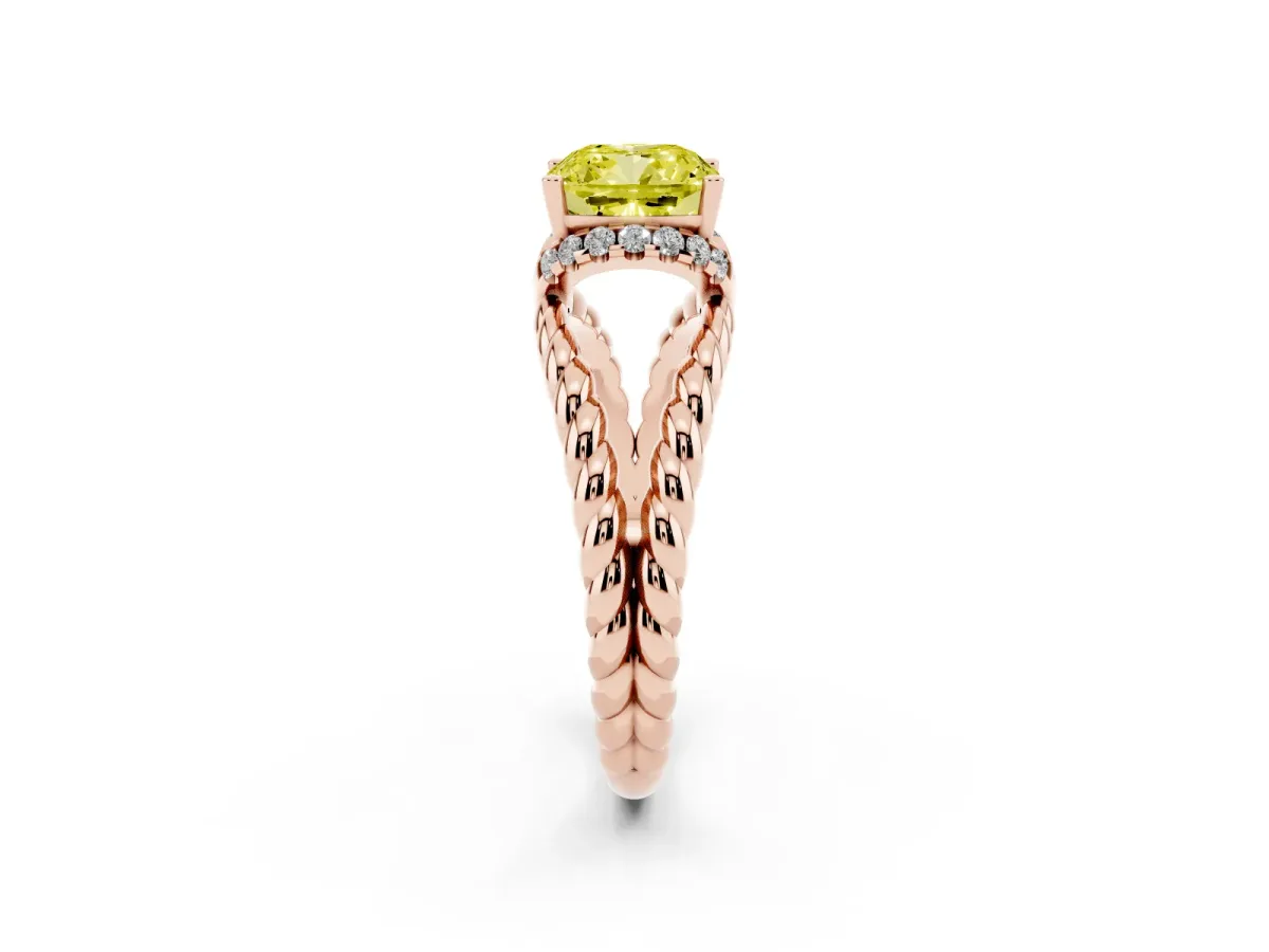 Fancy Yellow Cushion Cut Halo Twisted Band Four-Prong Ring Rose gold