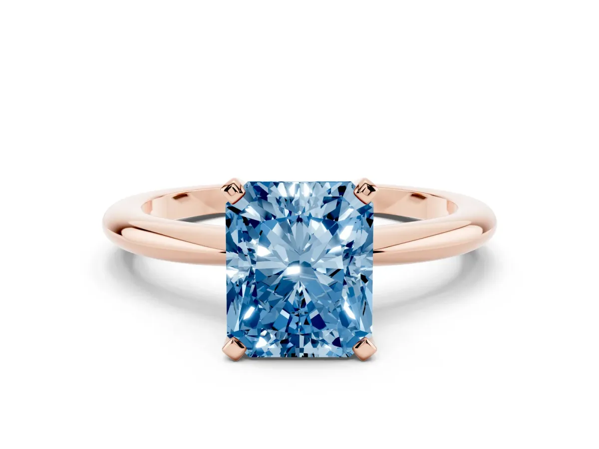 Fancy Blue Radiant Cut Diamond Solitaire Ring with Prong Setting and Classic Band Rose gold