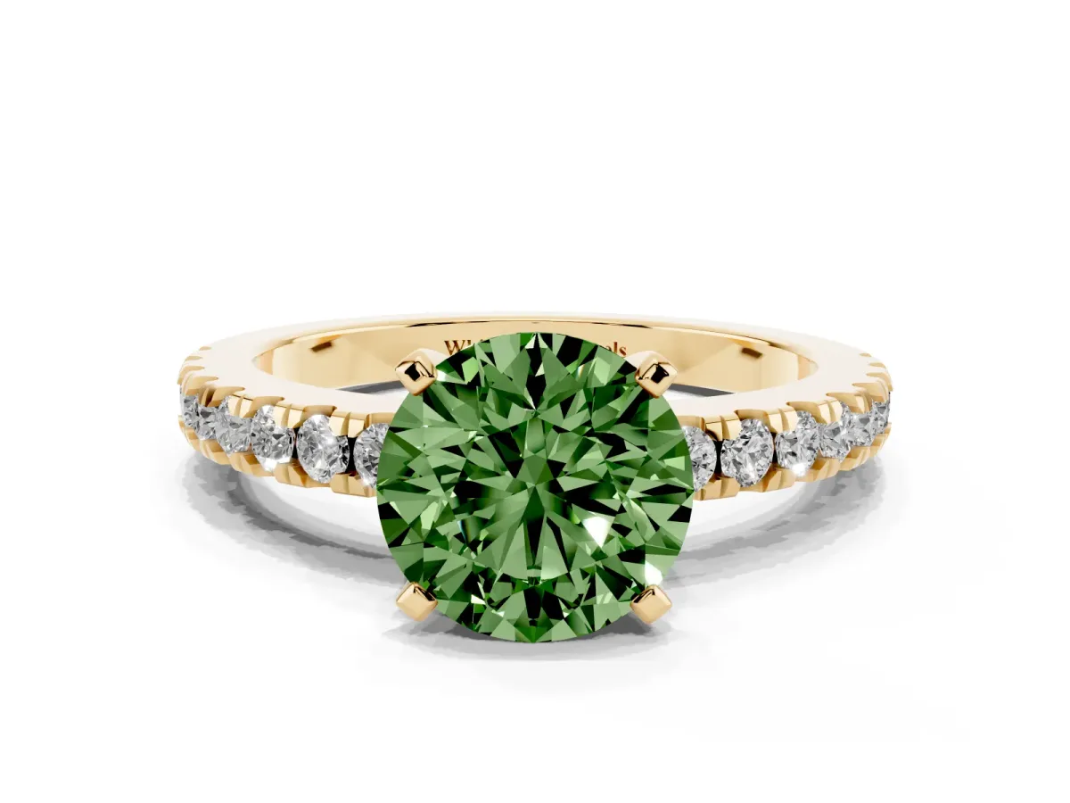 Fancy Green Round Cut Solitaire Diamond with Pavé Band and Four-Prong Setting Yellow gold