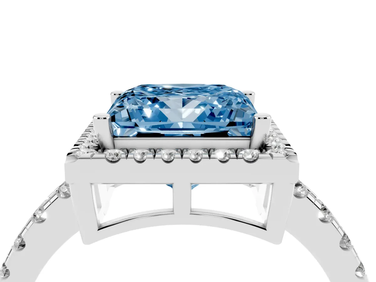 Fancy Blue Princess Cut Diamond Halo Ring with Pavé Band and Four-Prong Setting Silver