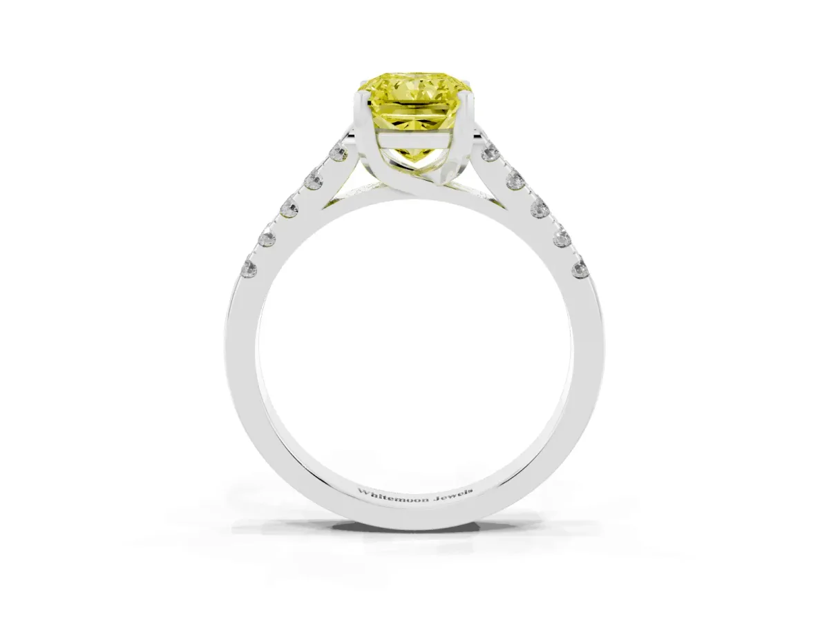 Fancy Yellow Radiant Cut Diamond Pavé Band Solitaire Ring with Prong Setting Silver