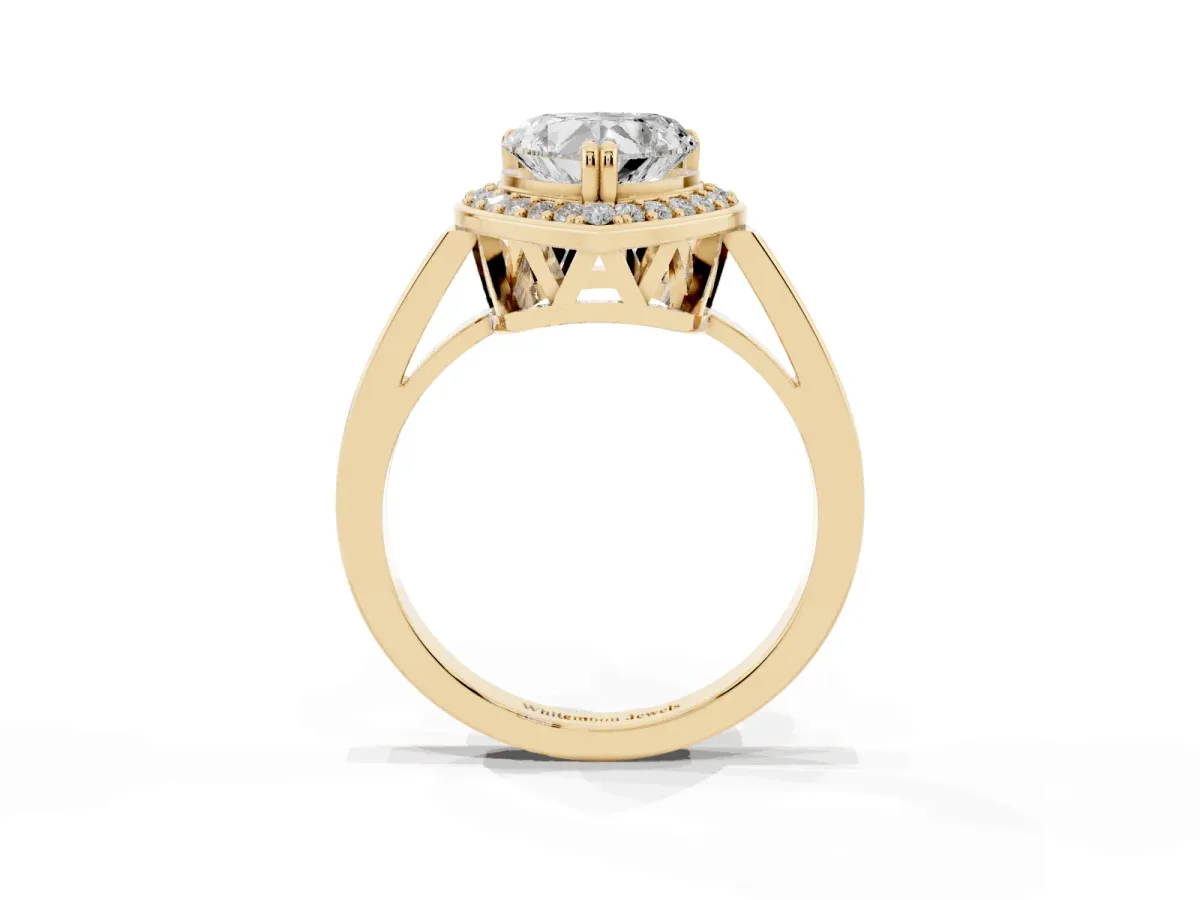 Heart Cut Diamond Halo Ring with Split Shank and Four-Prong Setting Yellow gold