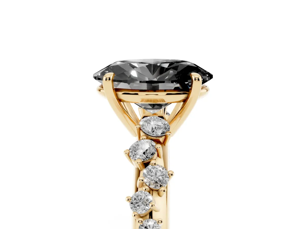 Fancy Black Oval Cut Diamond Cluster Side Stone Solitaire Ring with Prong Setting Yellow gold