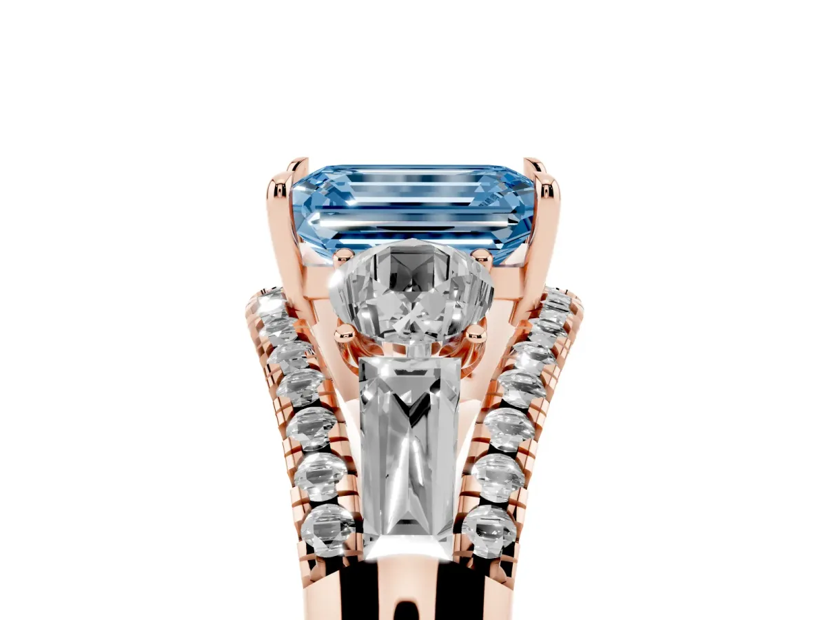 Fancy Blue Three-Stone Emerald Cut Diamond Engagement Ring with Pave Band and Prong Setting Rose gold