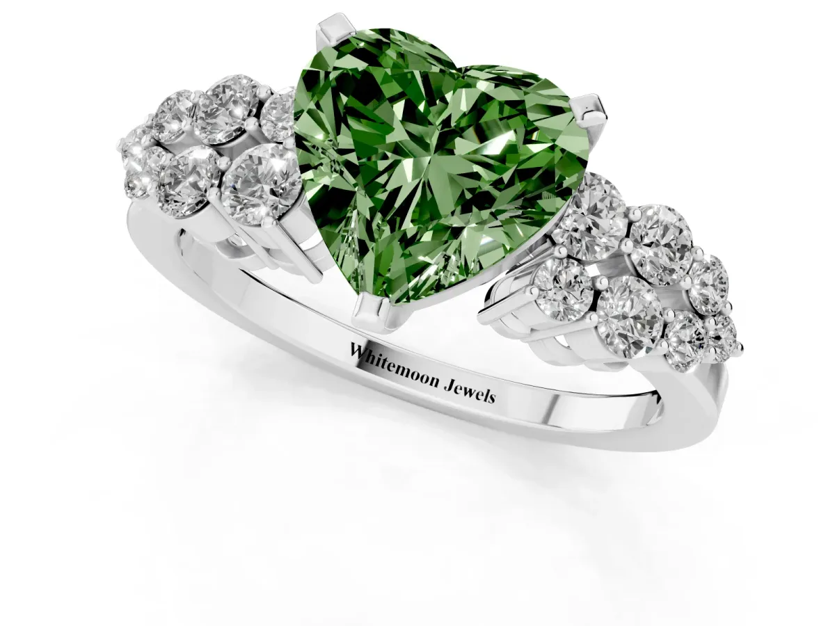 Fancy Green Heart Cut Cluster Diamond Engagement Ring with Pavé Band and Four-Prong Setting Silver
