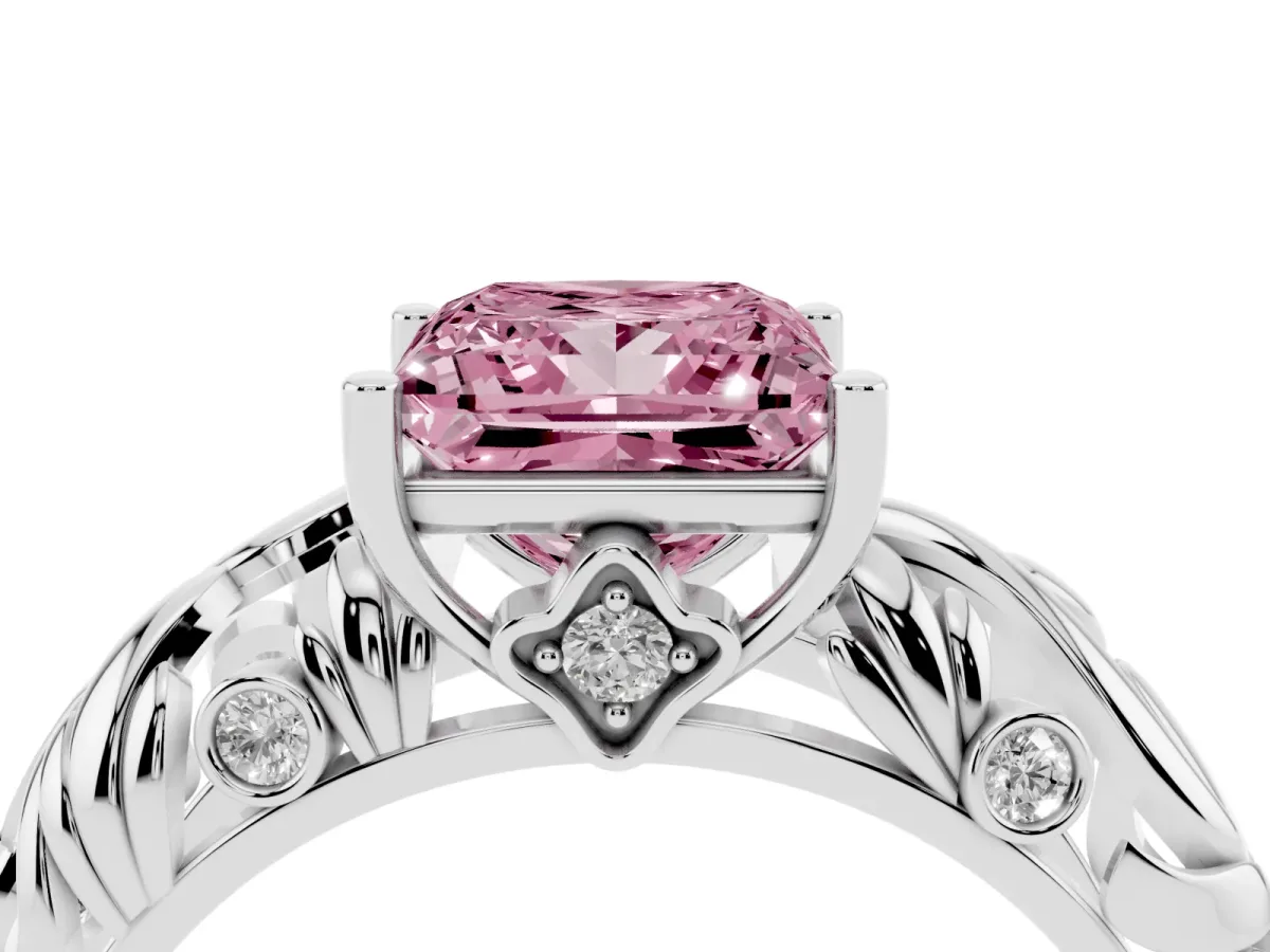 Fancy Pink Princess Cut Solitaire Diamond Leaf-Inspired Vine Band Ring with Prong Setting White gold