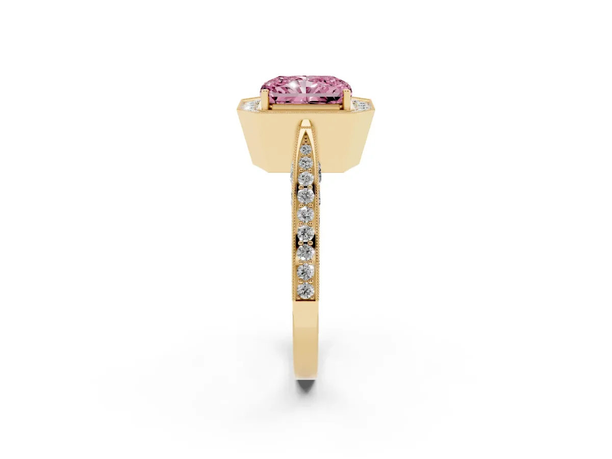 Fancy Pink Radiant Cut Halo Diamond Engagement Ring with Split Shank Band and Four-Prong Setting Yellow gold