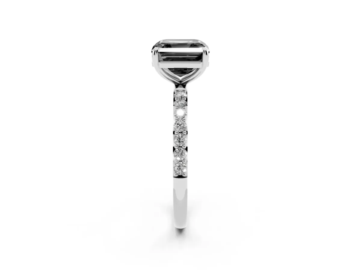 Fancy Black Asscher Cut Diamond Solitaire Ring with Round Pavé Band and Prong Setting Silver