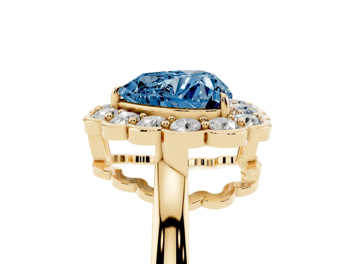 Fancy Blue Heart Cut Halo Cluster Diamond Engagement Ring with Solitaire Band and Prong Setting Yellow gold