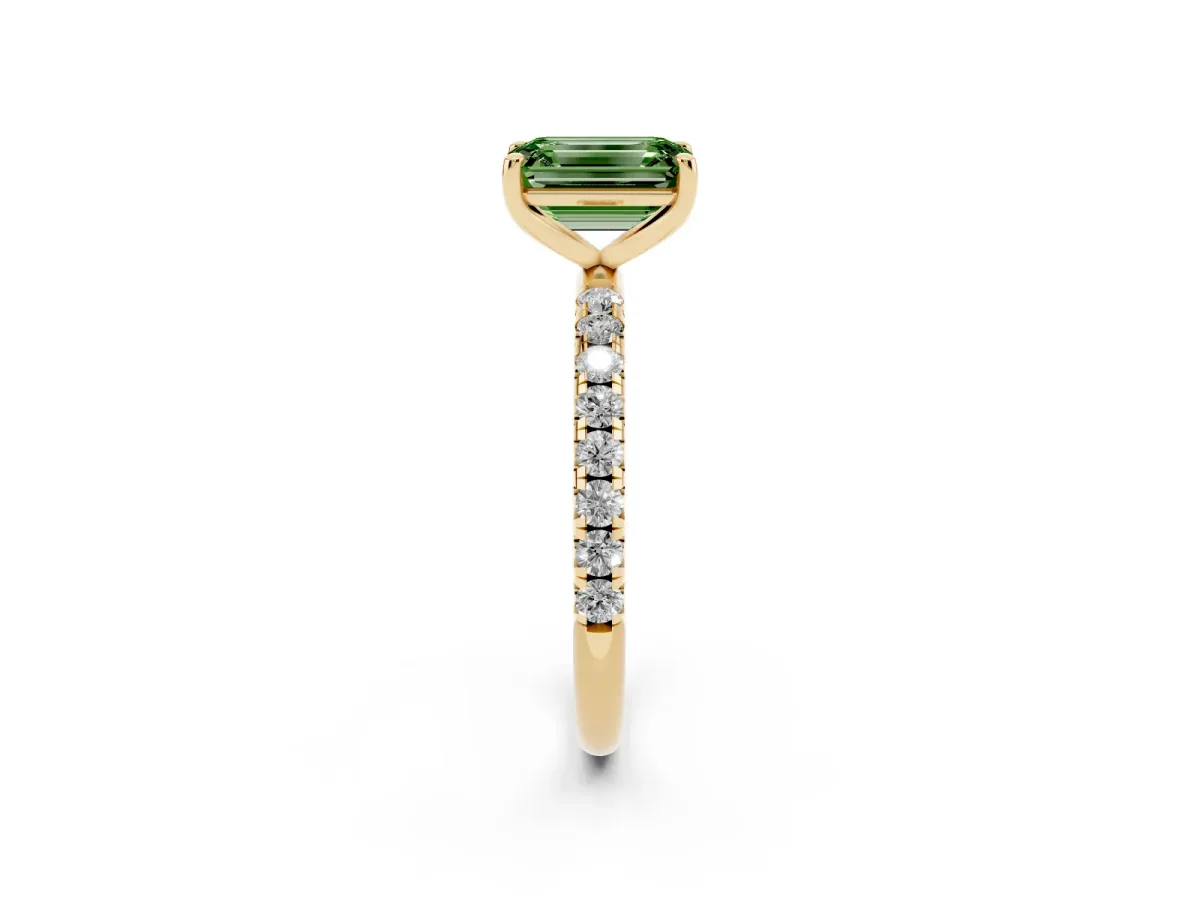 Fancy Green Emerald Cut Cut Diamond Solitaire Ring with Micro Pave Band and Four Prong Setting Yellow gold
