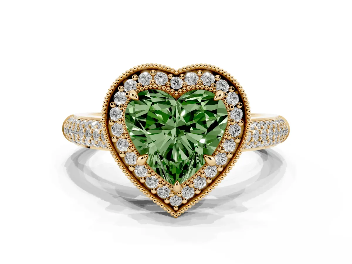 Fancy Green Heart Cut Cut Halo Diamond Pave Band with Four-Prong Setting Yellow gold