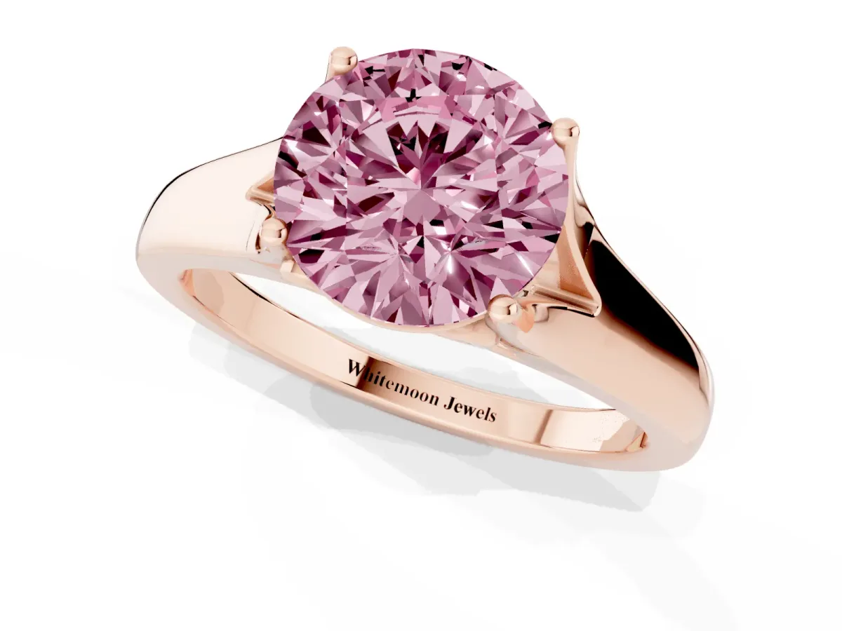 Fancy Pink Round Cut Solitaire Diamond Ring with Cathedral Band and Four-Prong Setting Rose gold