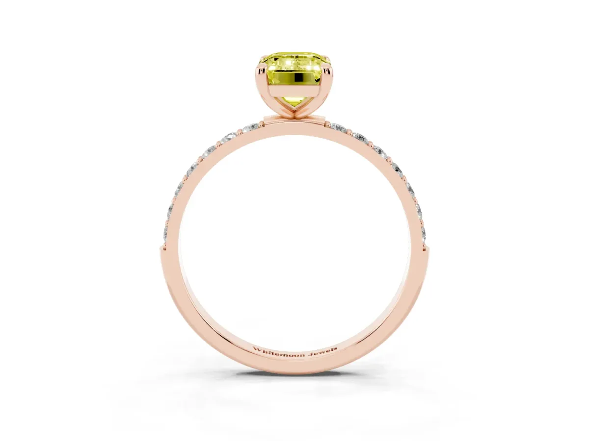 Fancy Yellow Emerald Cut Diamond Solitaire Ring with Round Pavé Band and Prong Setting Rose gold