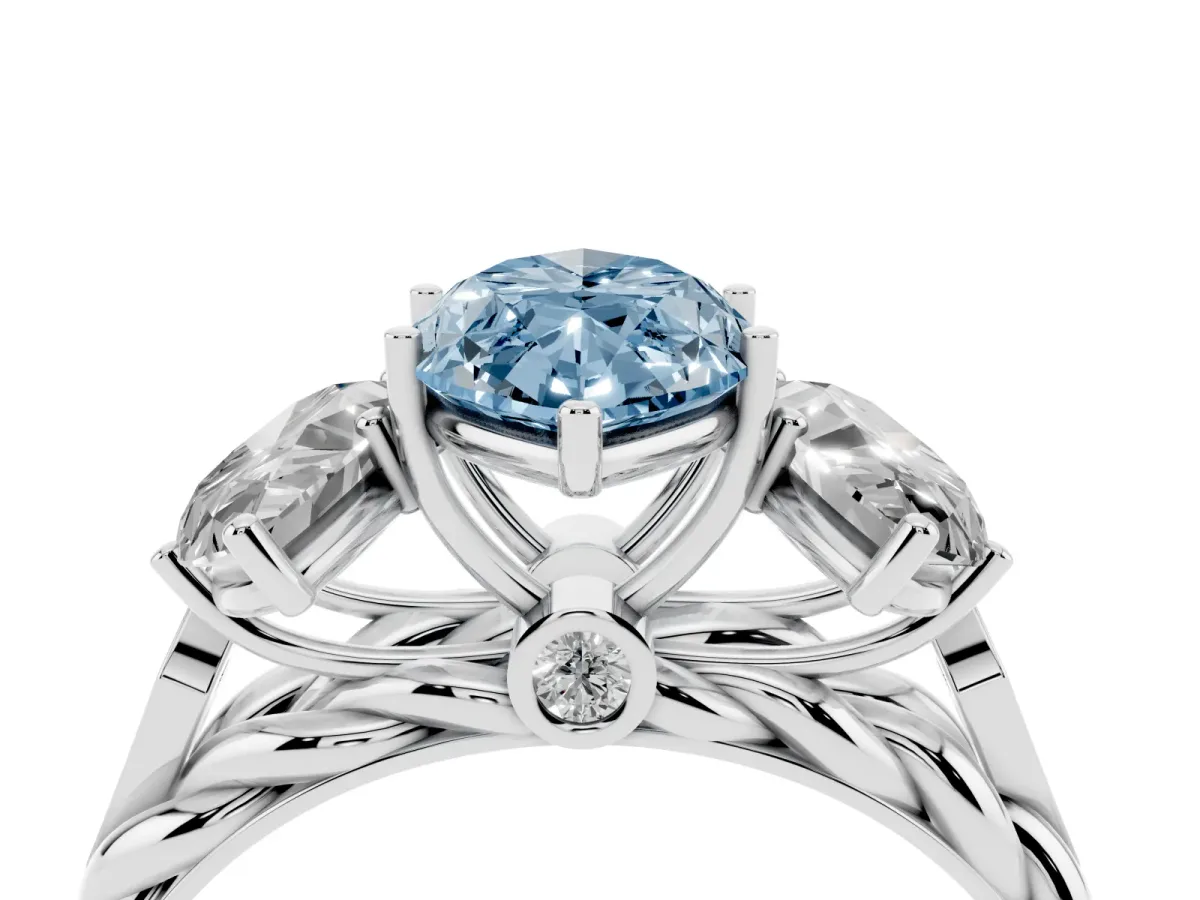 Fancy Blue Three-Stone Marquise Cut Diamond Braided Band Ring with Four-Prong Setting Platinum