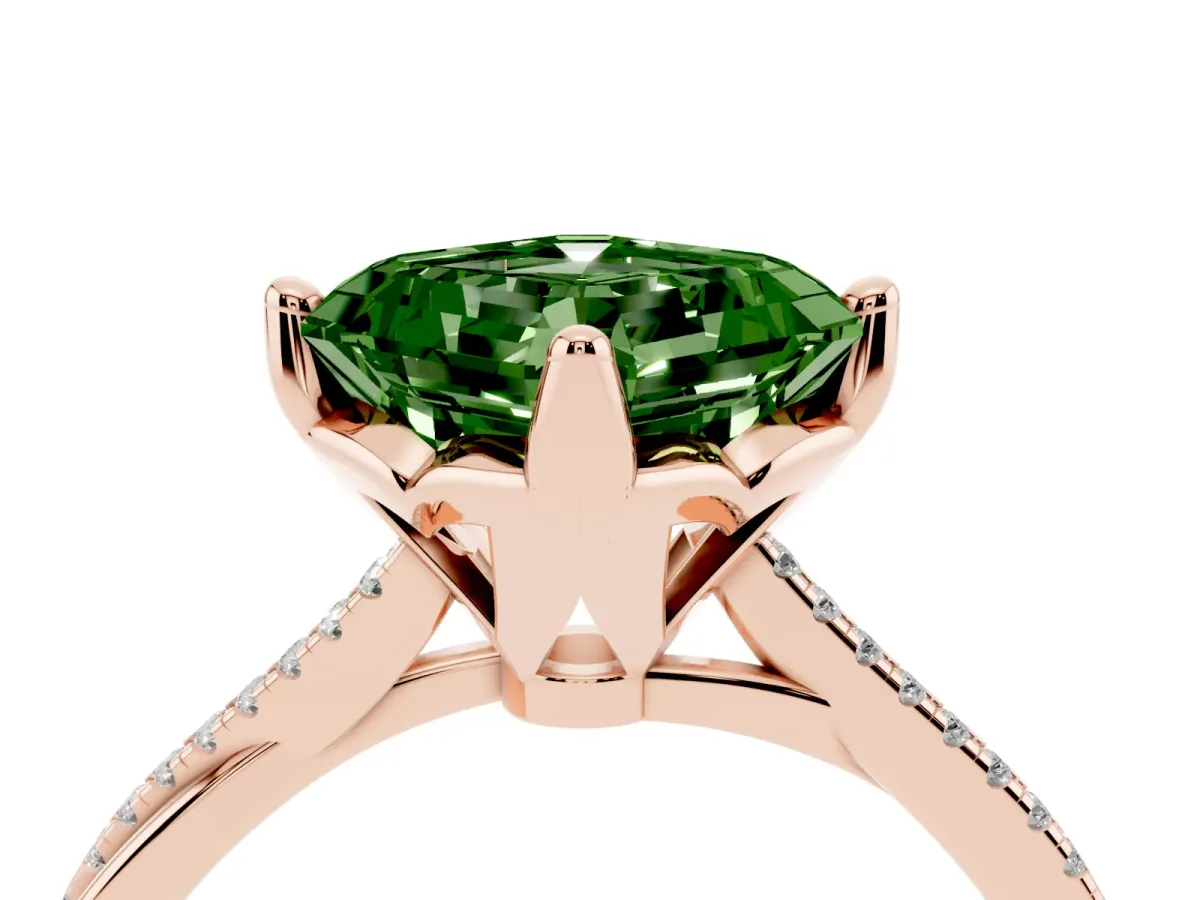 Fancy Green Asscher Cut Solitaire Twist Band with Pavé Diamonds and Four-Prong Setting Rose gold