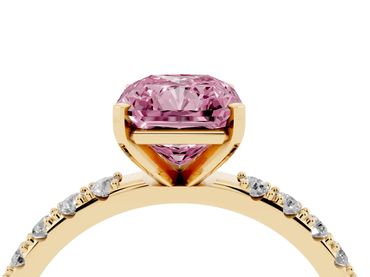 Fancy Pink Radiant Cut Diamond Solitaire Pavé Band with Four-Prong Setting Yellow gold
