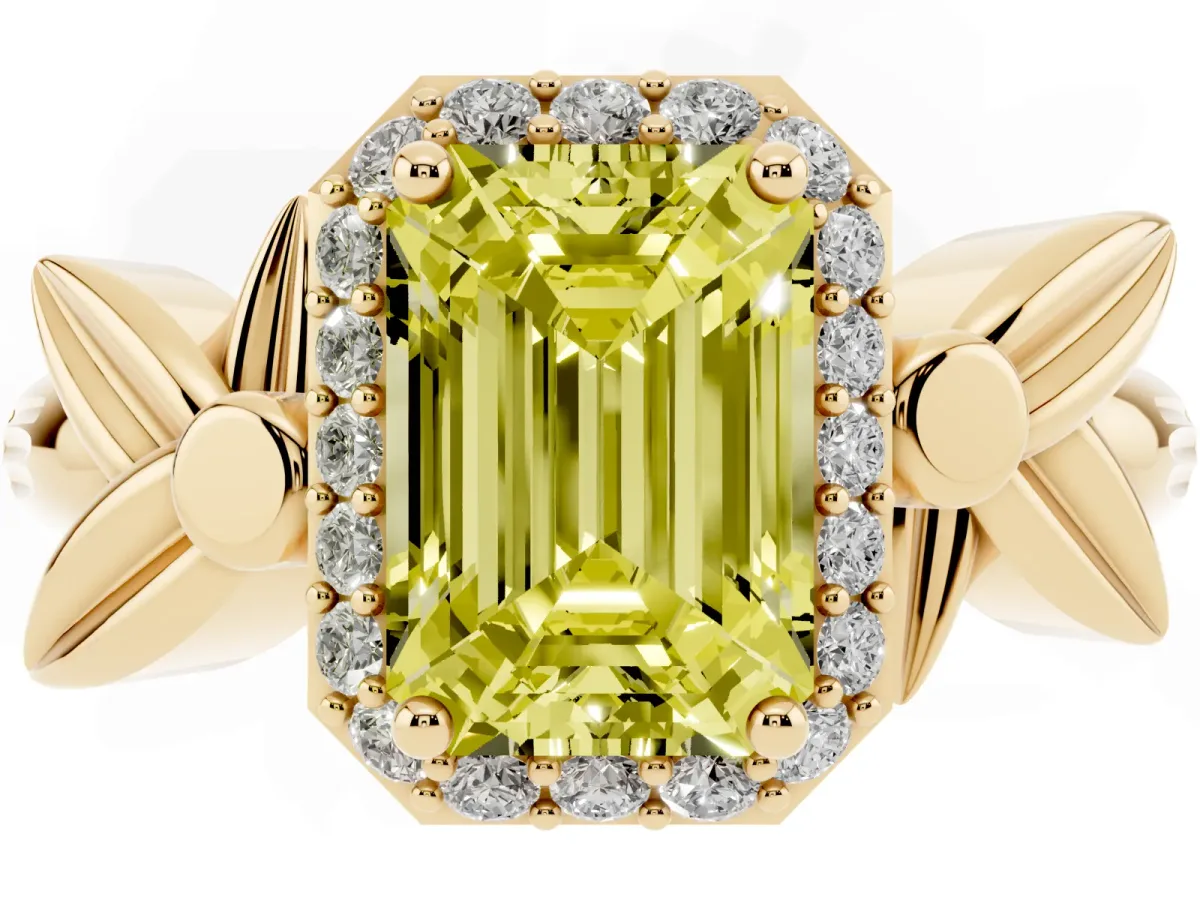 Fancy Yellow Emerald Cut Halo Diamond Floral Band with Four-Prong Setting Yellow gold